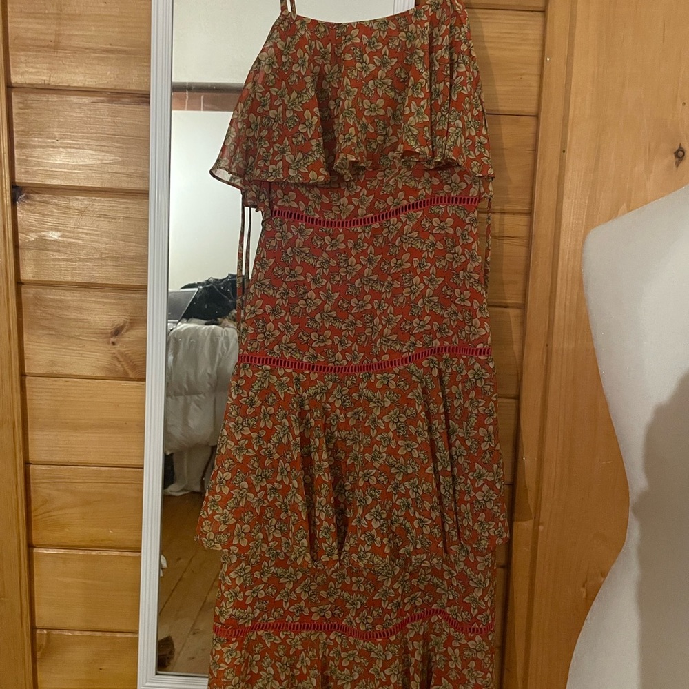 REBECCA MINKOFF Tiered Floral Maxi Dress in RED with daffodil Print